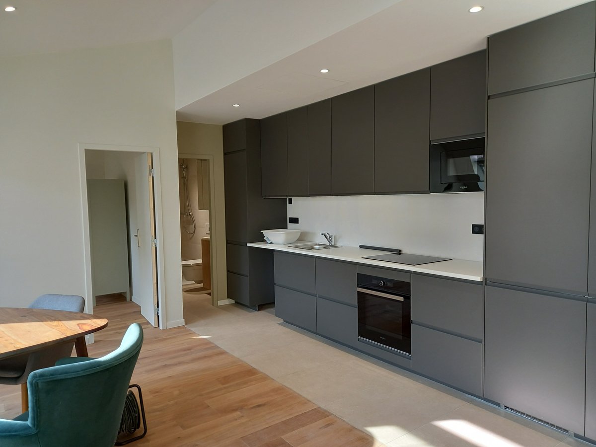 Rénovation appartement — cuisine contemporaine avec verrière atelier